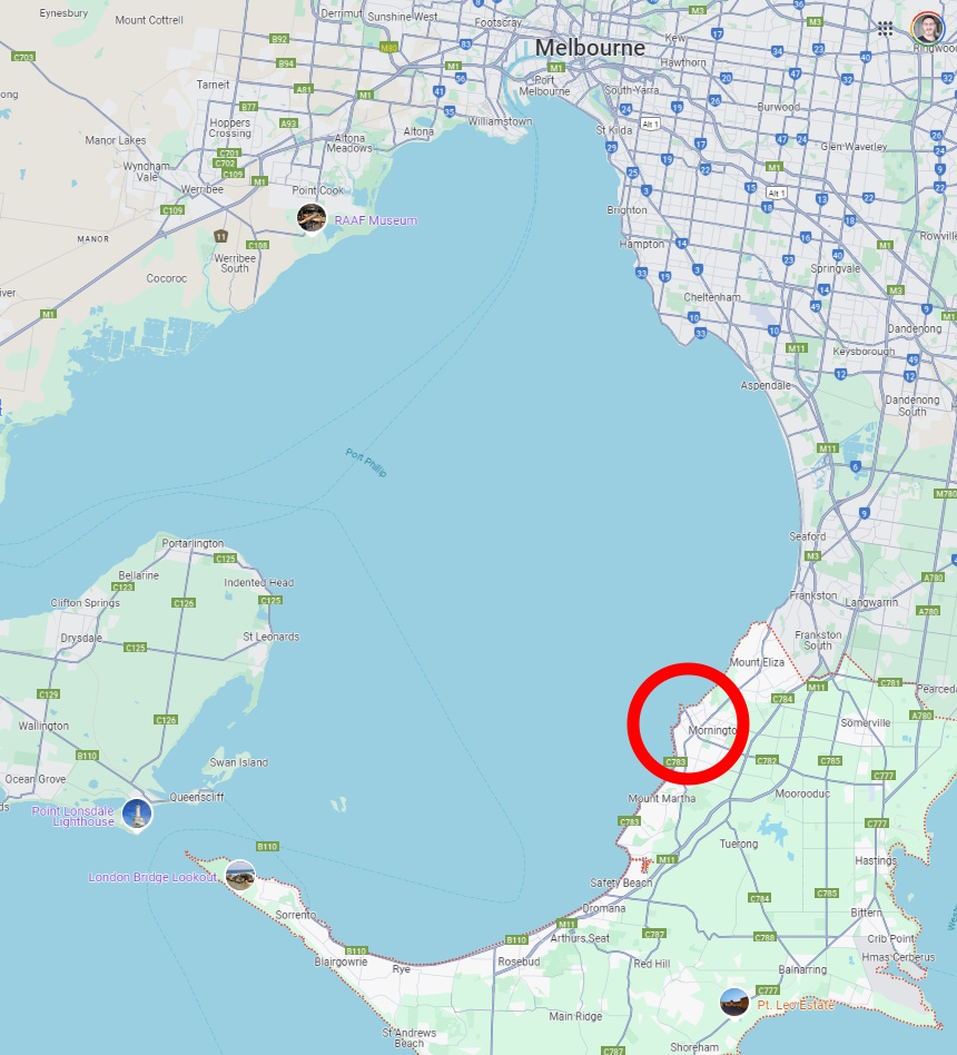 A map showing Melbourne and the Mornington Peninsula